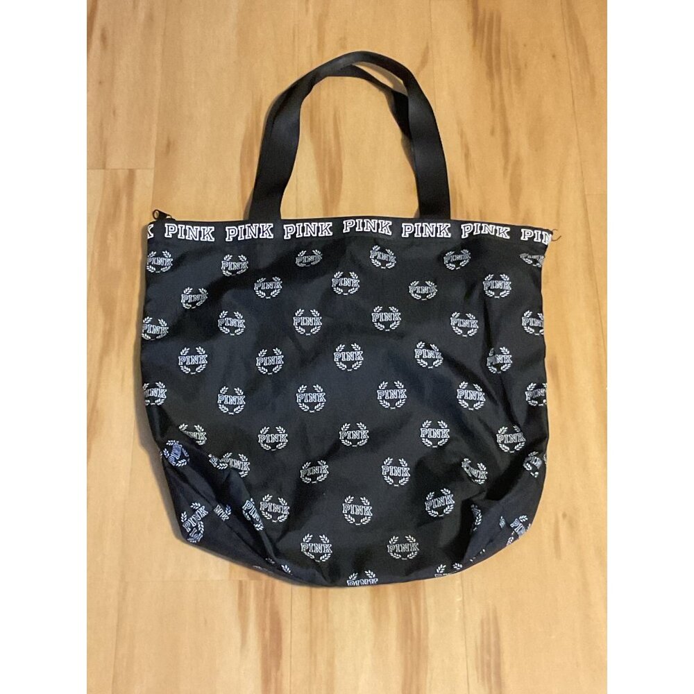 Victorias Secret Pink Black Tote Bag With Logos & Black Straps